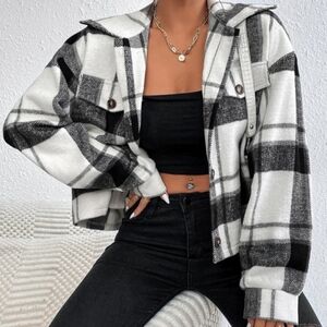 SHEIN EZwear Black White Plaid Flap Detail Drop Shoulder Cropped Jacket Large